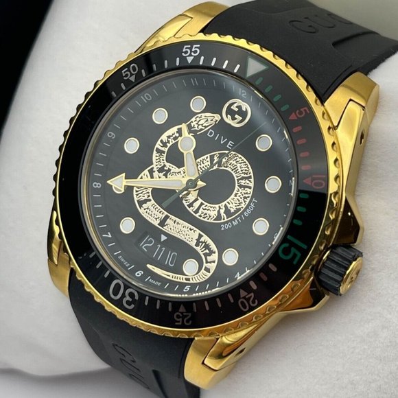 Gucci XL 45mm "BRAND NEW" Gold Snake Black Dial Rubber Band Swiss Watch YA136219 - Picture 1 of 8